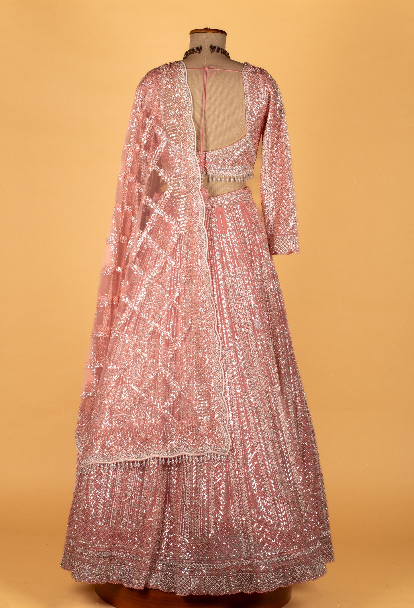 Designer Sequin Embellished Lehenga Set – Blush Pink | Crop Top, Flared Skirt & Dupatta