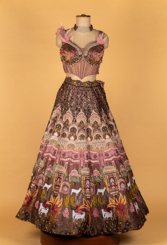 Metallic mauve embroidered lehenga with crop top and ruffle cape – product image 2