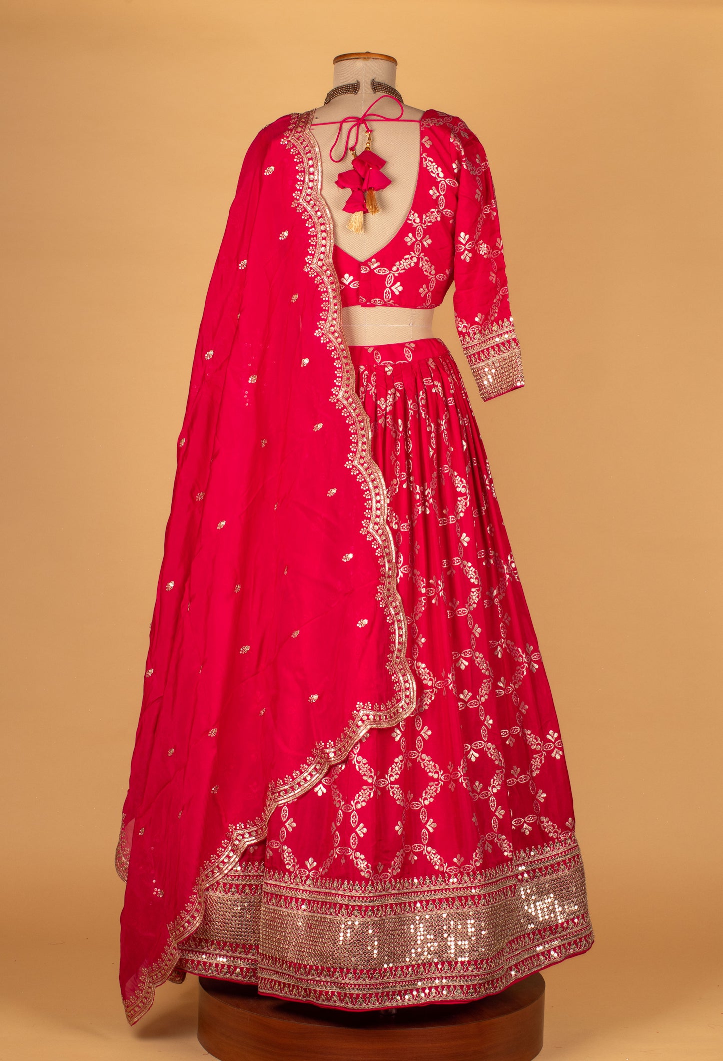 Traditional Mirror & Thread Embroidered Lehenga Set – Rani Pink | Crop Top, Flared Skirt & Dupatta