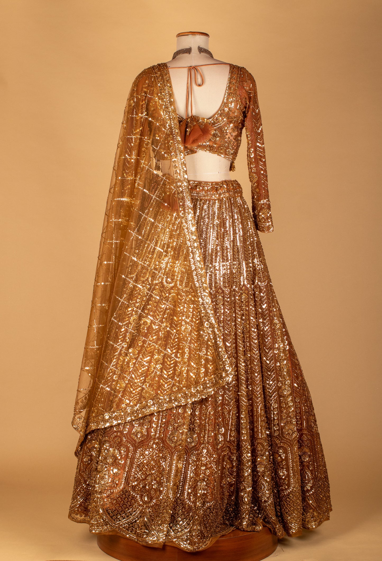 Gold Metallic Sequin Lehenga Set with Embellished Crop Top & Structured Dupatta
