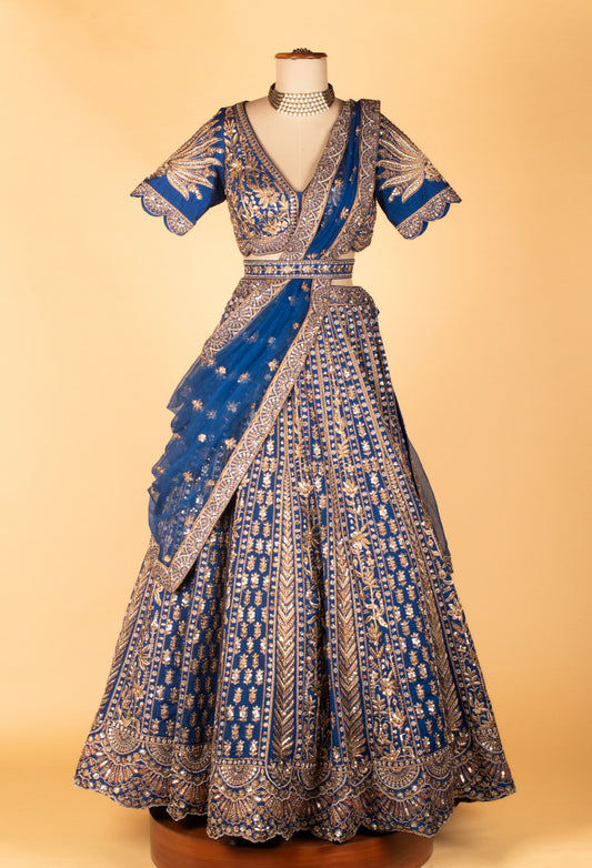 Royal blue zari and resham embroidered lehenga with contrasting dupatta – product image 2