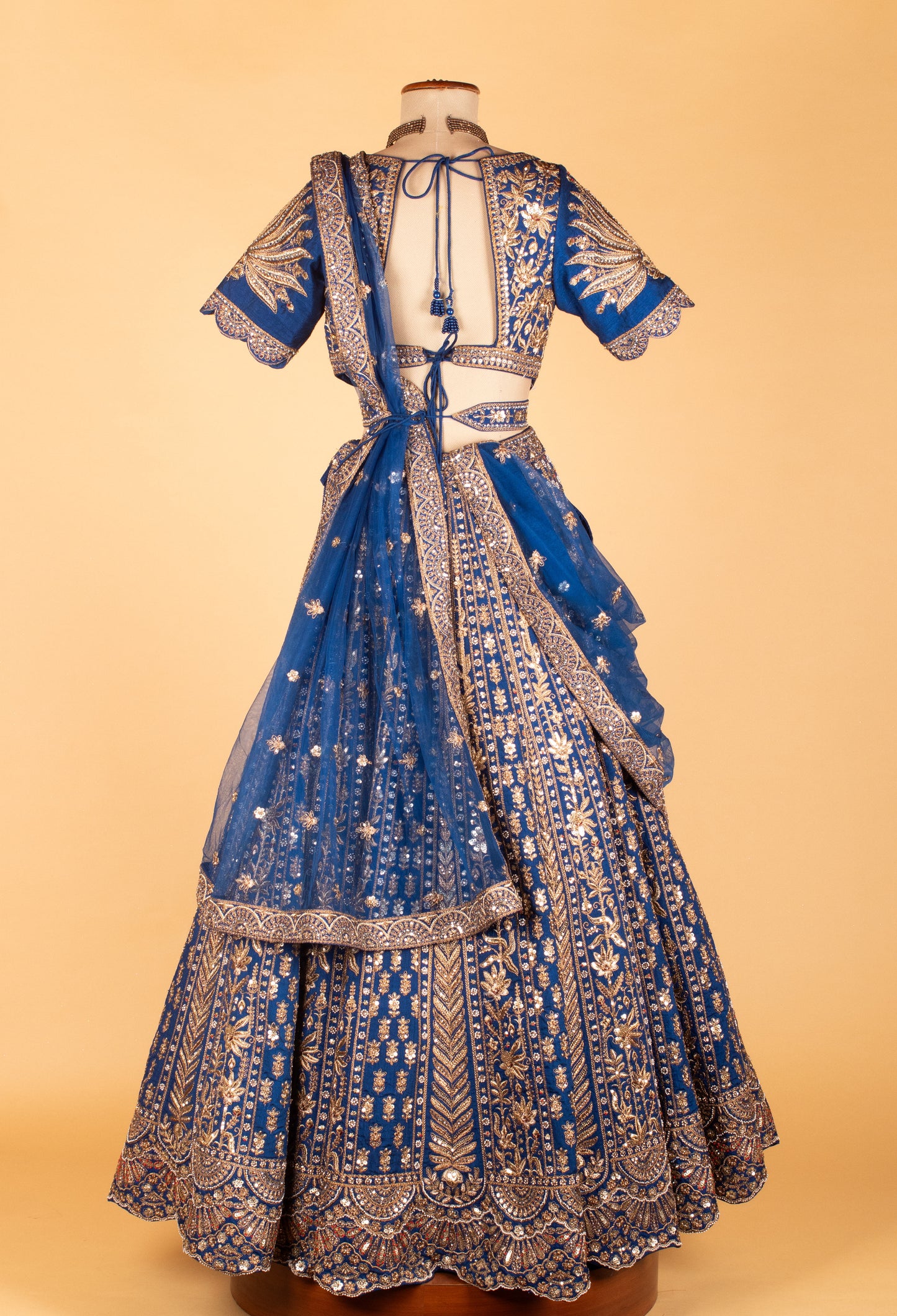 Royal Blue Heavy Zari & Resham Embroidered Lehenga with Short Sleeve Crop Top & Contrasting Dupatta