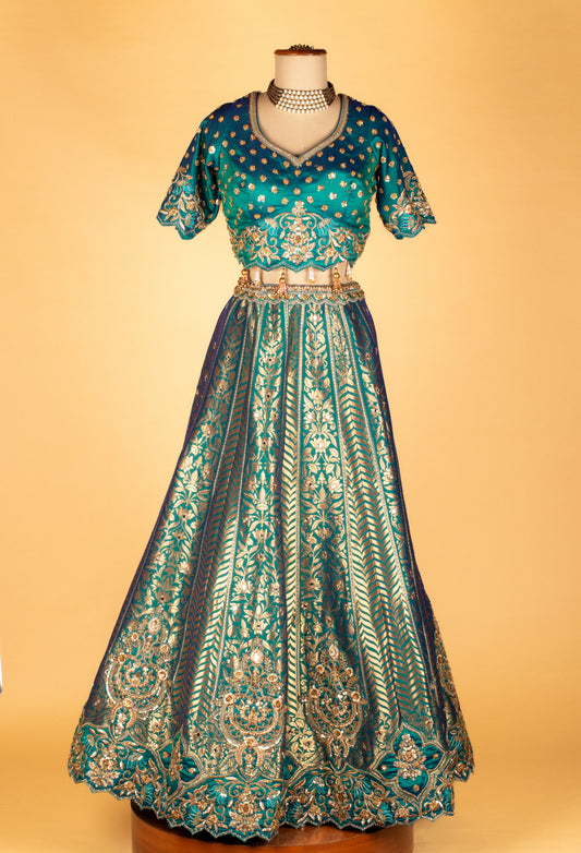 Teal Banarasi brocade lehenga with embellished crop top and silk dupatta – product image 2