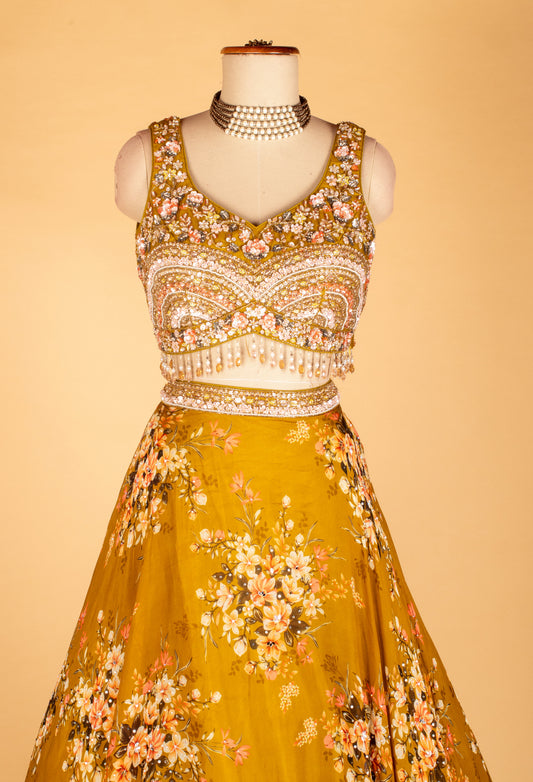 Mustard floral printed lehenga with embellished crop top and cape – product image 2