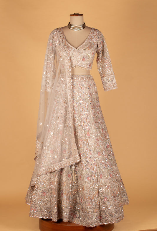 Champagne mirror and sequin embroidered lehenga with net dupatta – product image 2