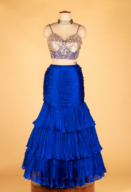 Royal blue ruffle skirt set with structured sequin bustier – product image 2