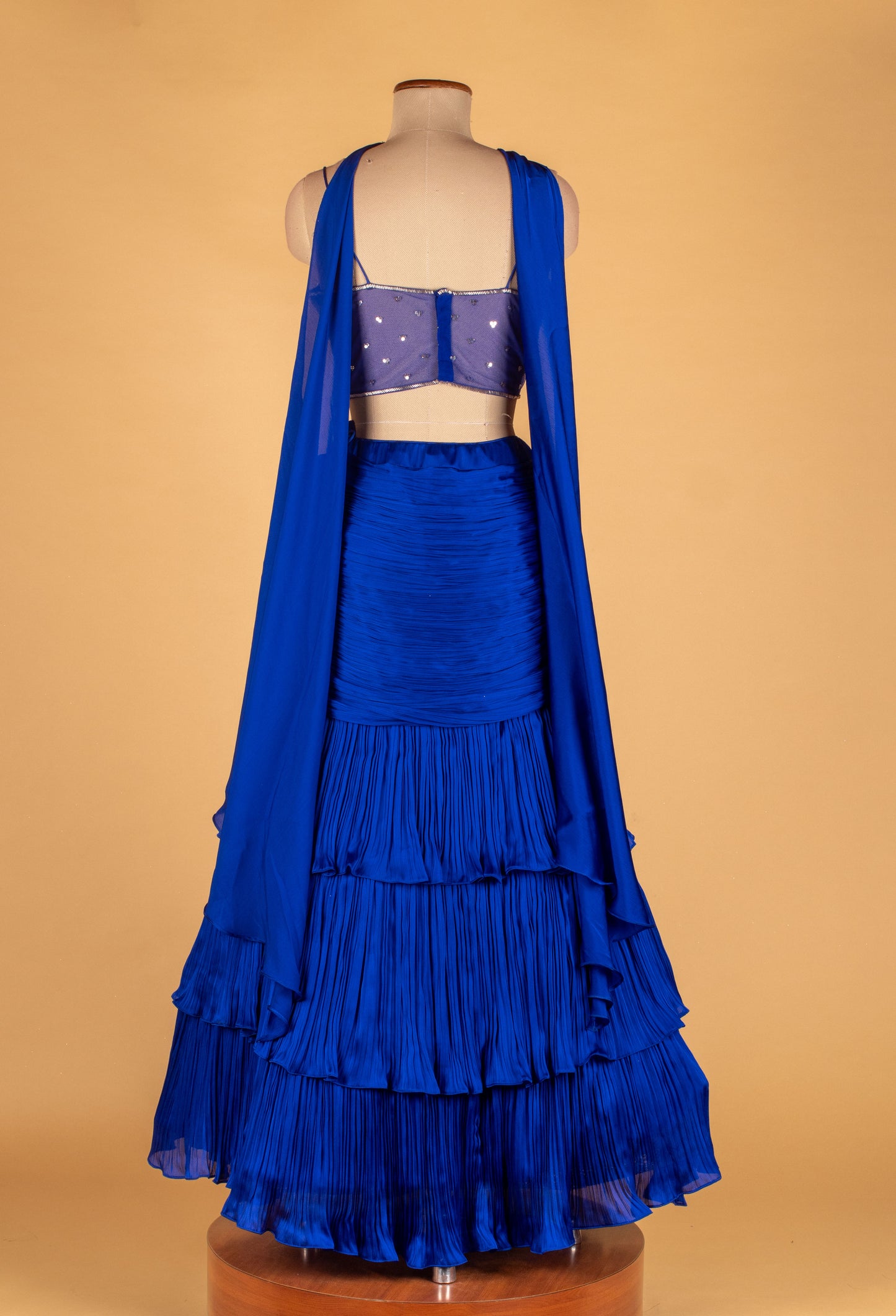 Royal Blue Ruffle Skirt Set with Structured Sequin Bustier & Draped Dupatta