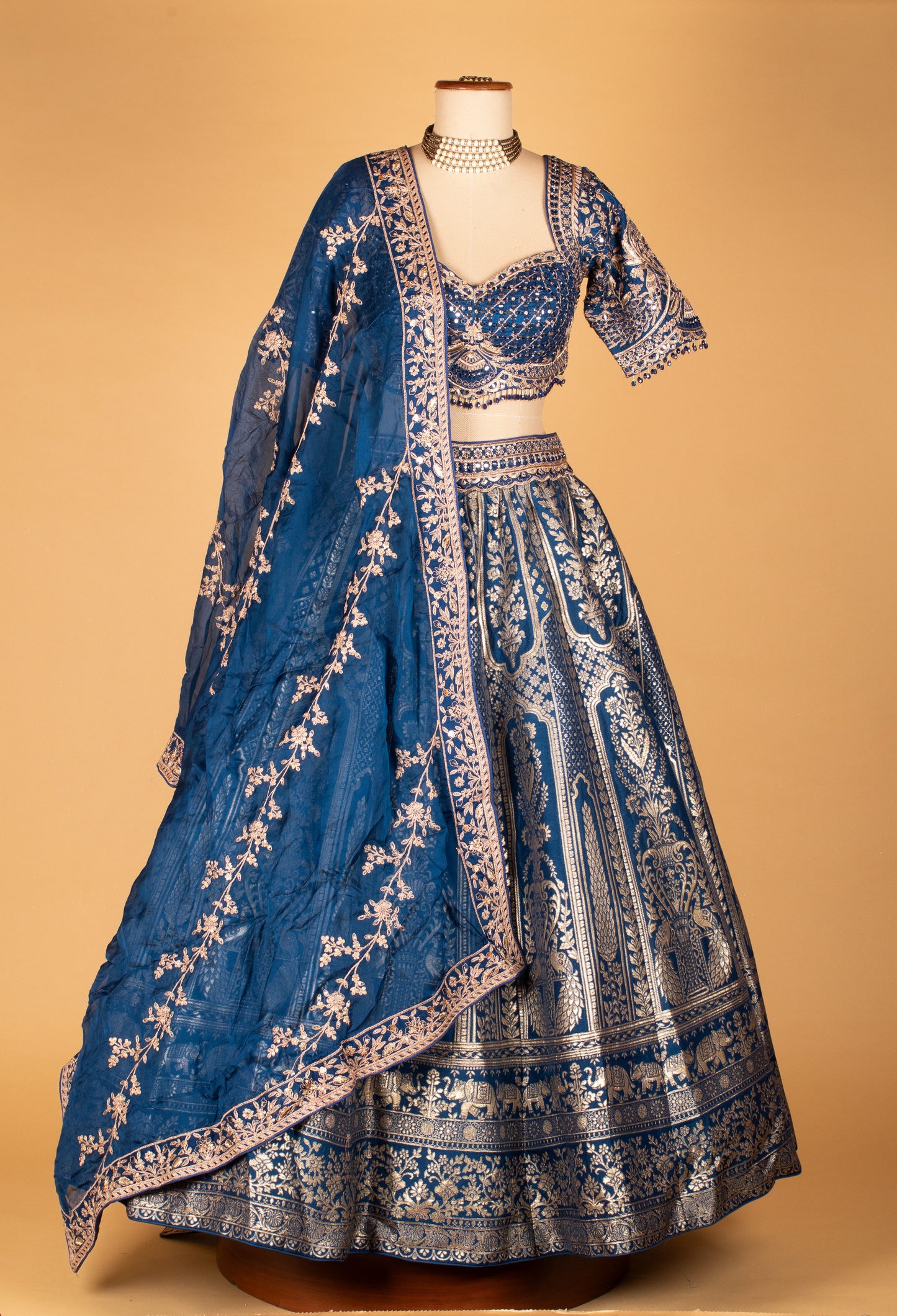 Navy Blue Banarasi Woven Lehenga with Embellished Crop Top & Threadwork Dupatta