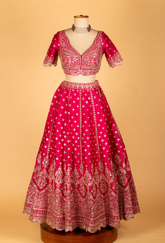 Rani pink hand-embroidered lehenga with scalloped crop top and dupatta – product image 2