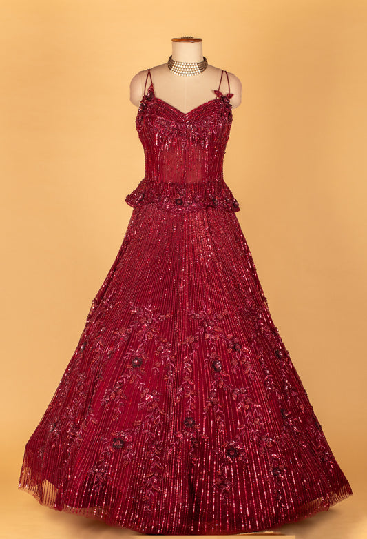 Maroon hand-embellished mermaid gown with strappy bodice – product image 2
