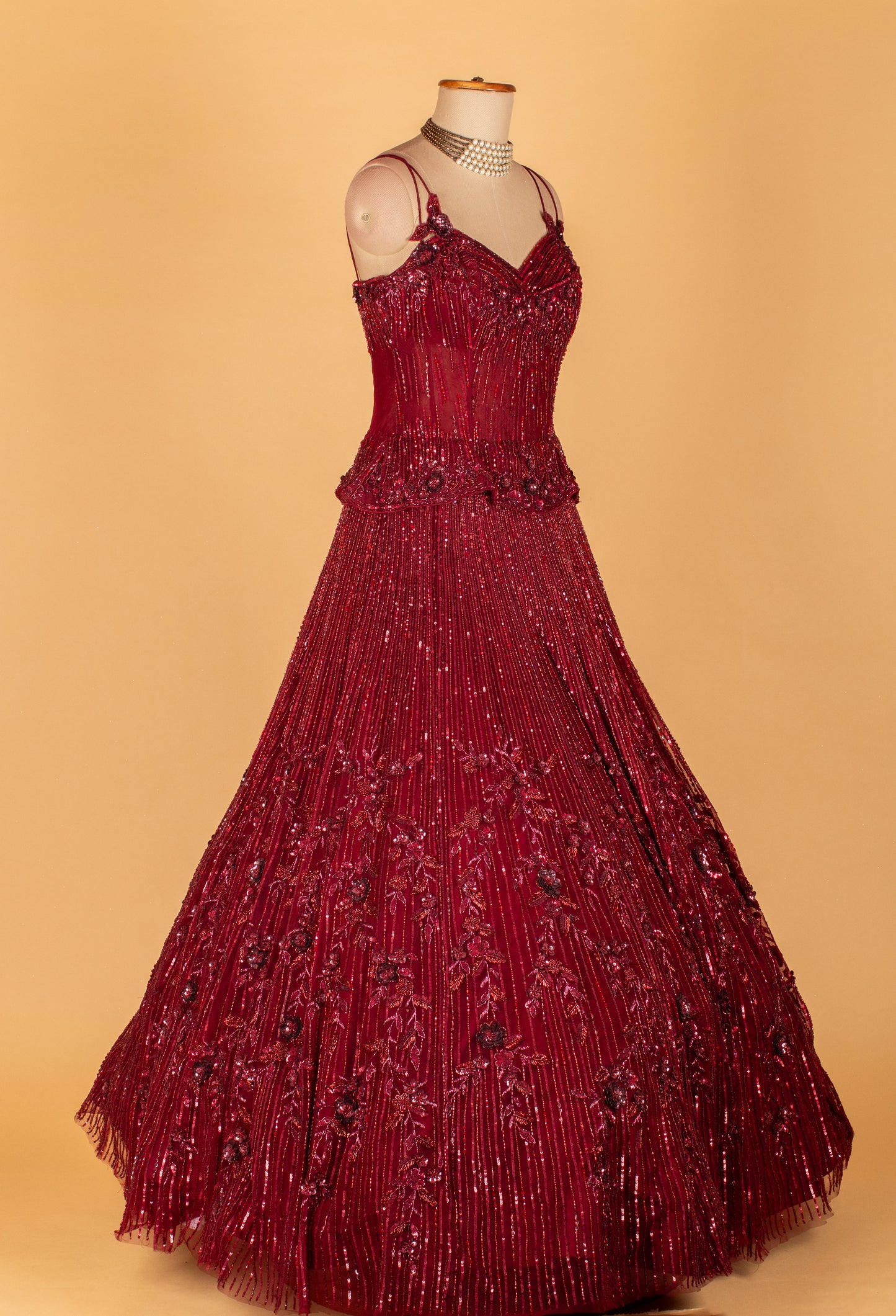 Maroon Hand-Embellished Mermaid Gown with Strappy Bodice & Textured Flare