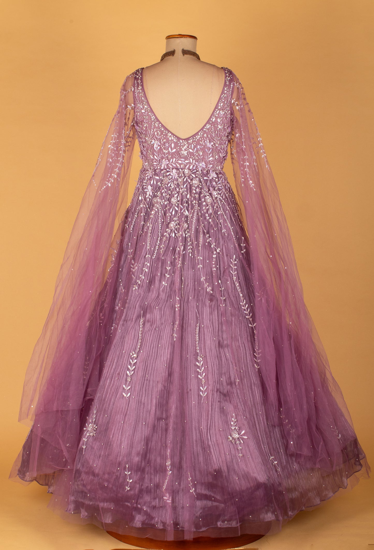 Lavender Embellished Ball Gown with Sheer Embroidered Sleeves & Layered Flare