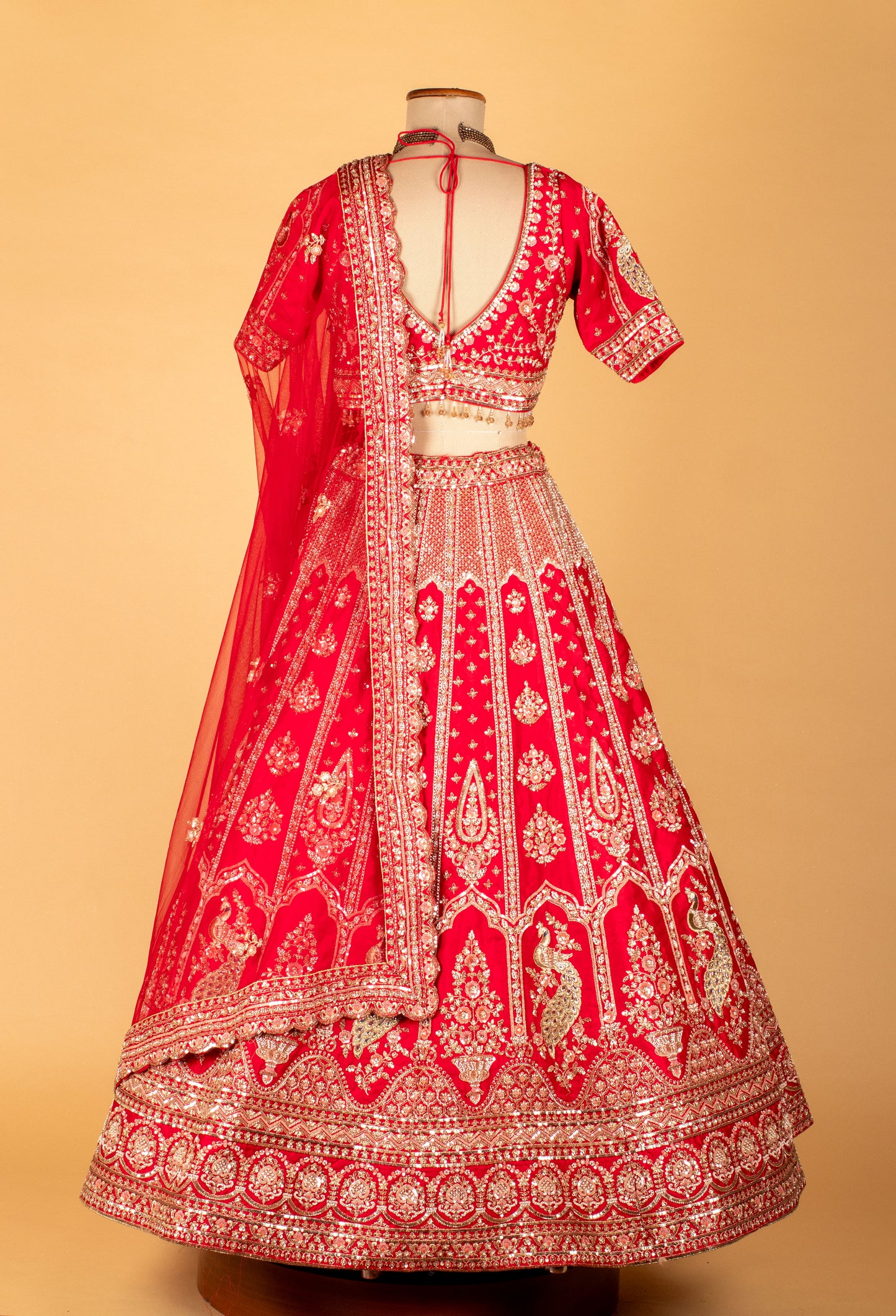 Bridal Red Heavy Zari & Stone Embroidered Lehenga with Short Sleeve Crop Top & Grand Dupatta