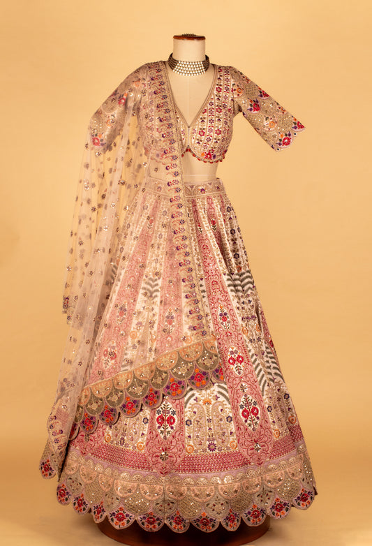 Ivory multicolor hand-embroidered lehenga with scallop border – product image 2
