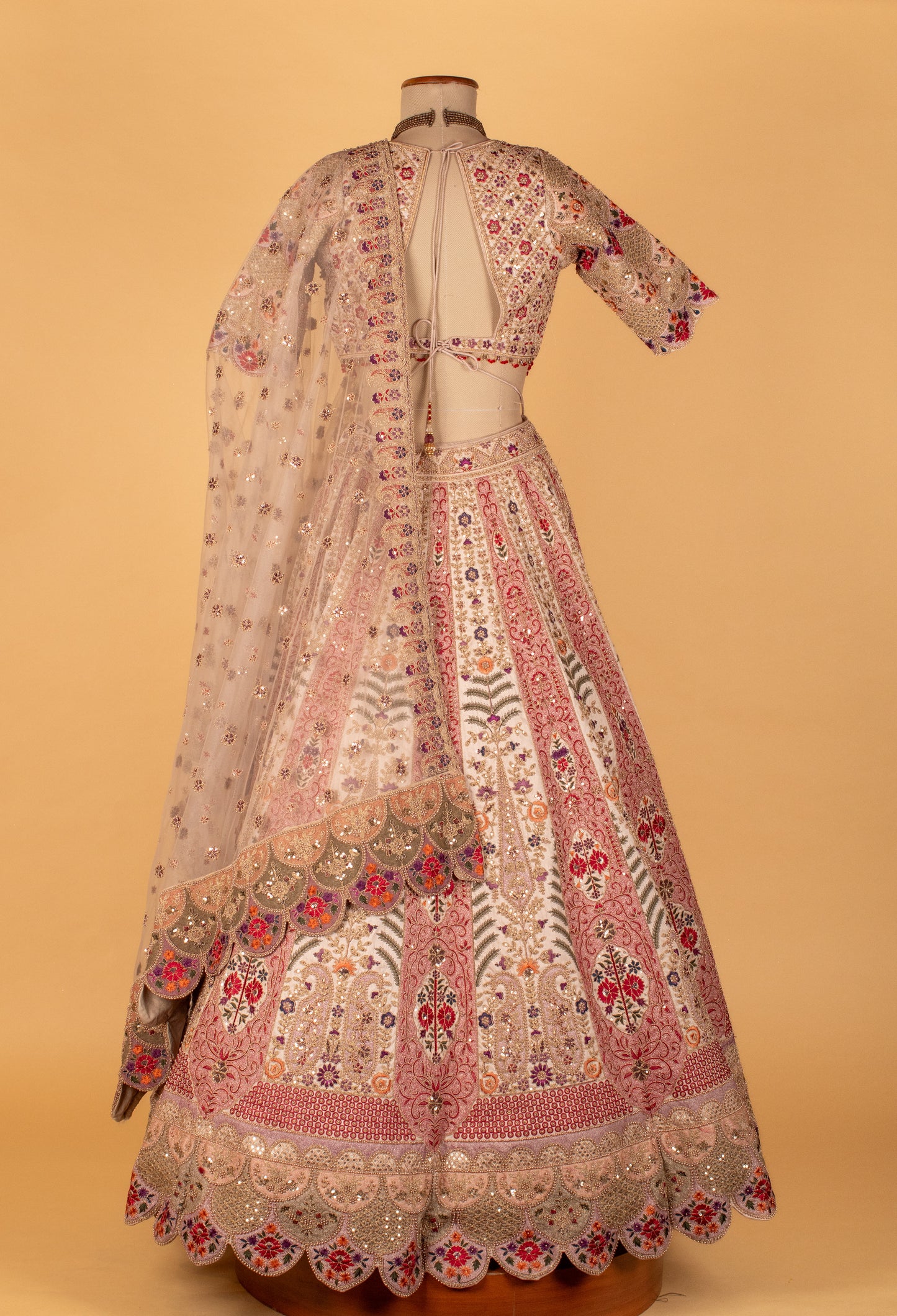 Ivory Multicolor Hand-Embroidered Croptop Lehenga with Scallop Border