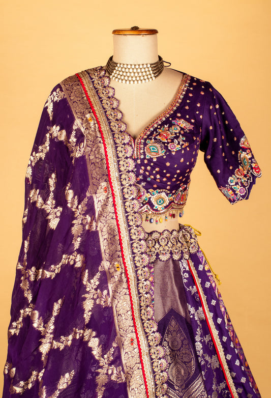 Royal purple Banarasi zari crop top lehenga with multicolor embroidery – product image 2