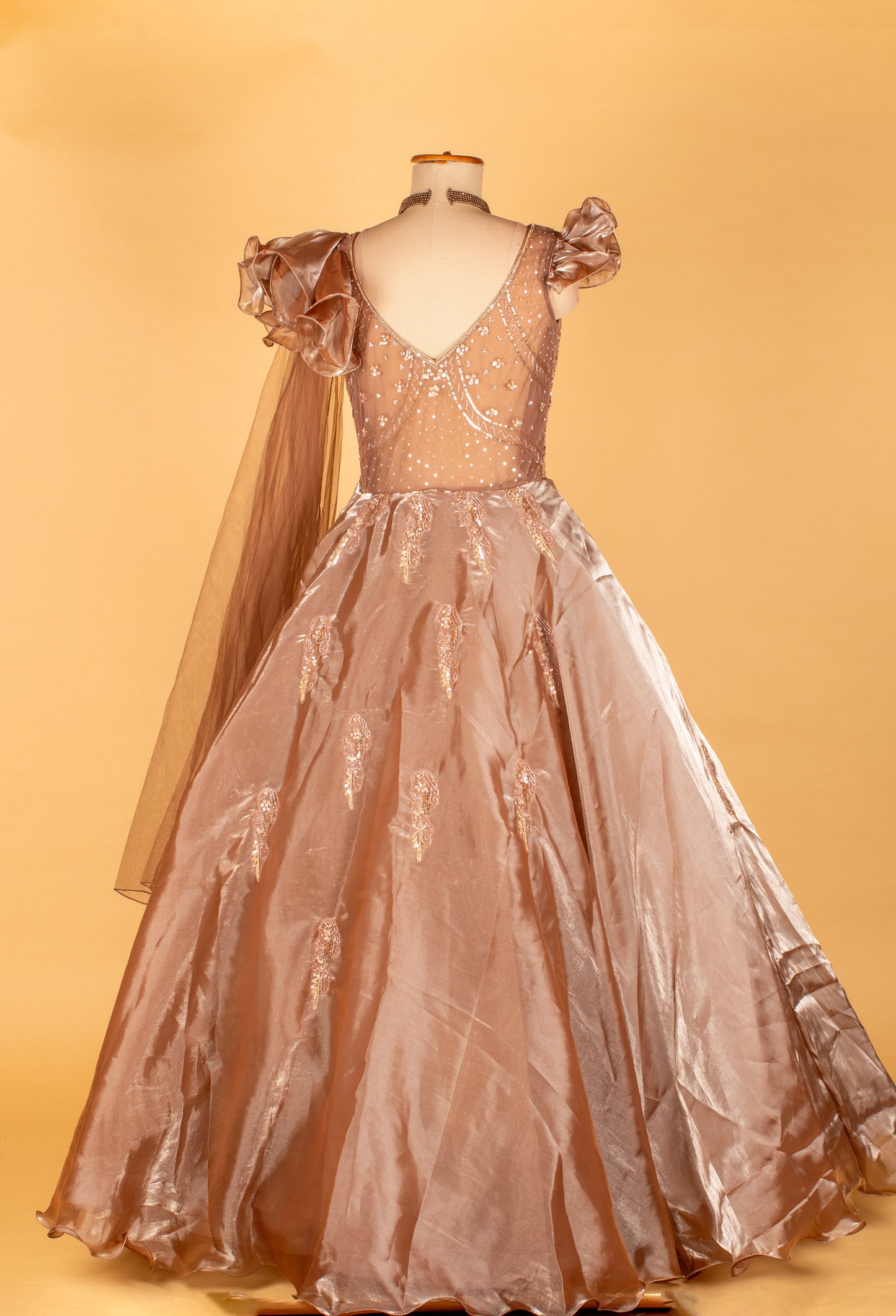 Champagne Gold Organza Gown with Ruffle Sleeves & Sculpted Embellished Bodice