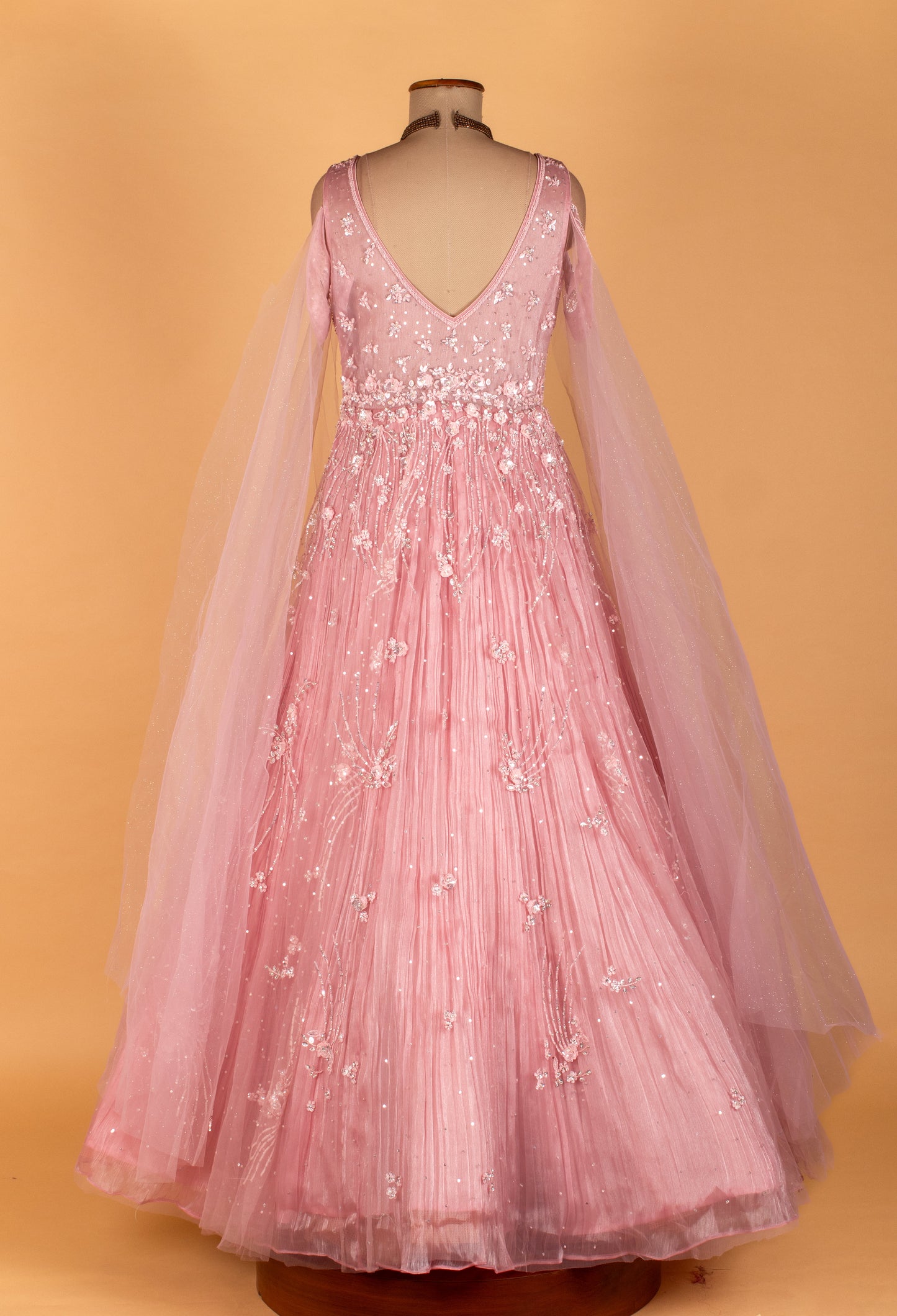 Blush Pink Floral Sequin Ball Gown with Draped Net Sleeves