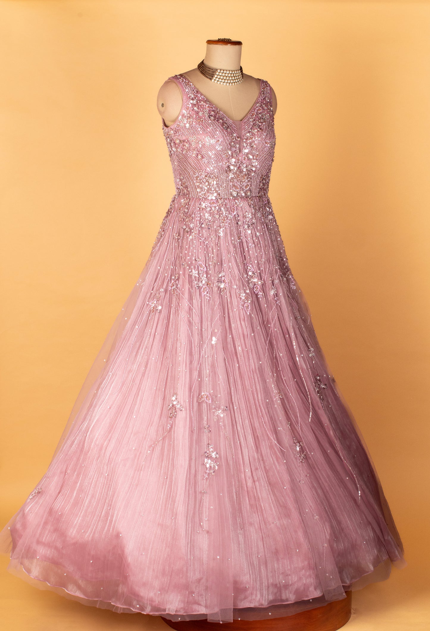 Soft Mauve Embellished Ball Gown with Flowing Pleated Skirt
