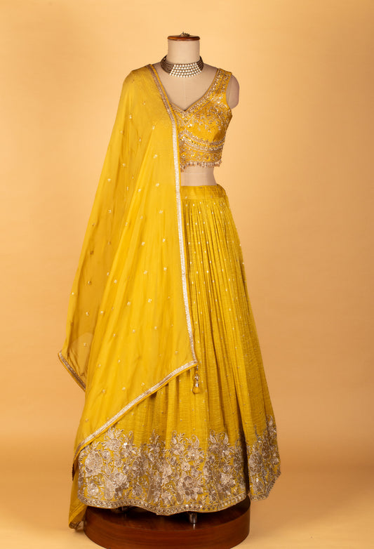 Sunshine yellow sequin embroidered lehenga set with net dupatta – product image 2