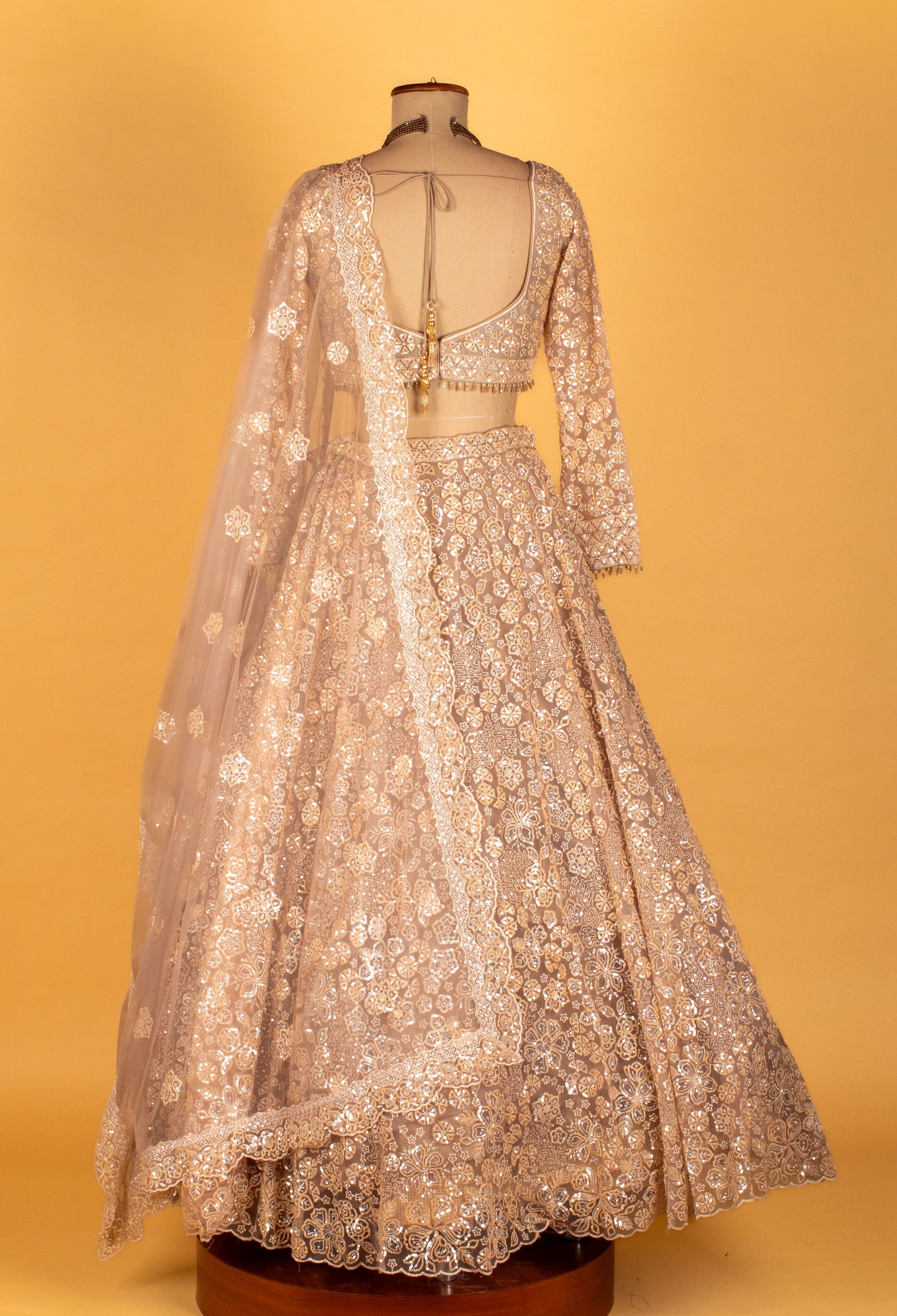 " Champagne Gold Mirror-Embroidered Crop-Top Lehenga Set"