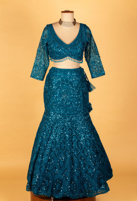 Teal sequin and crystal embroidered lehenga set – product image 2
