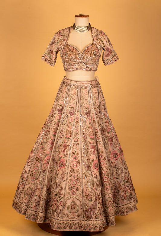 Blush pink floral and bird embroidered lehenga with organza dupatta – product image 2