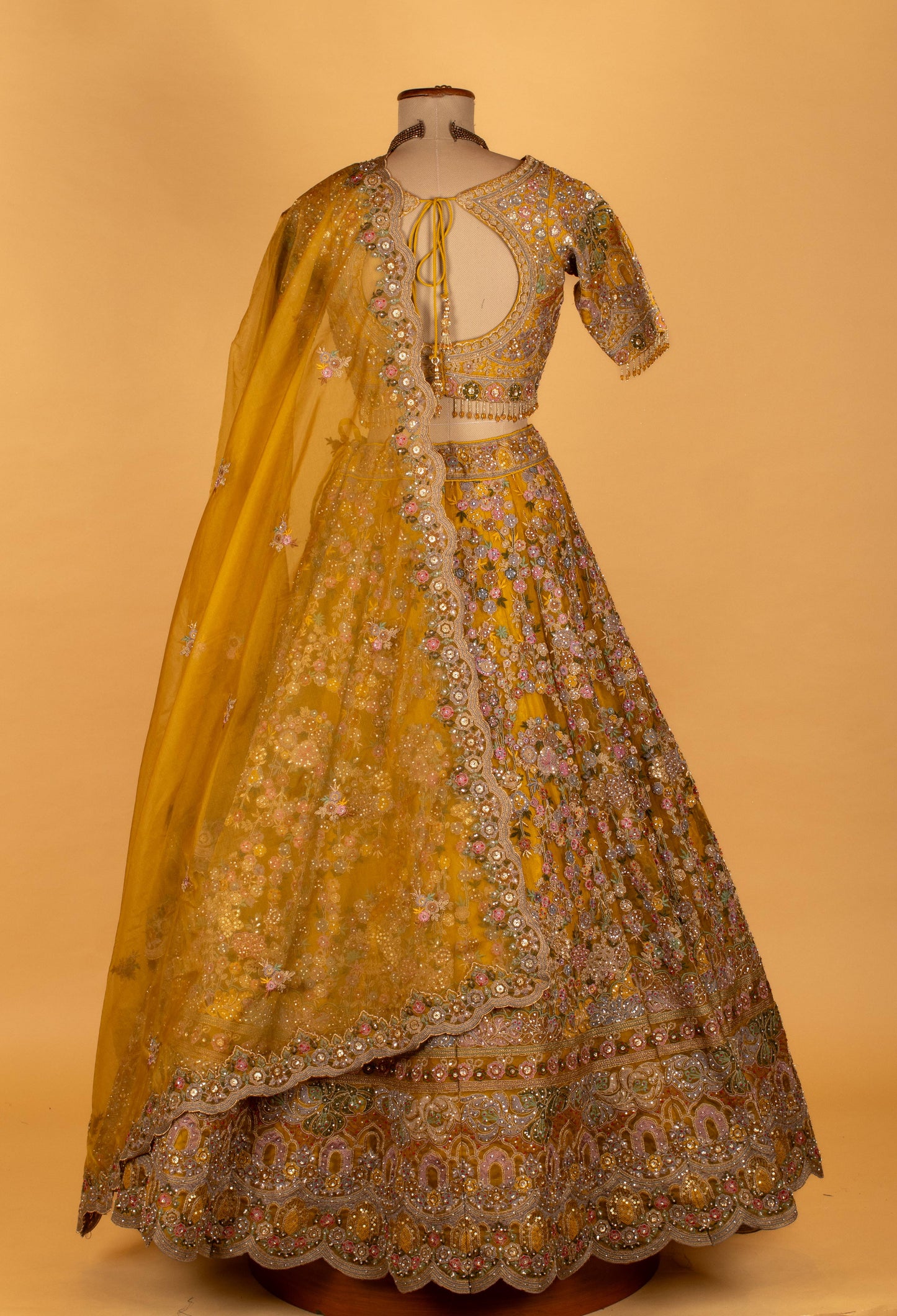 Mustard Yellow Heavy Hand-Embroidered Floral Bridal Crop-Top Lehenga Set