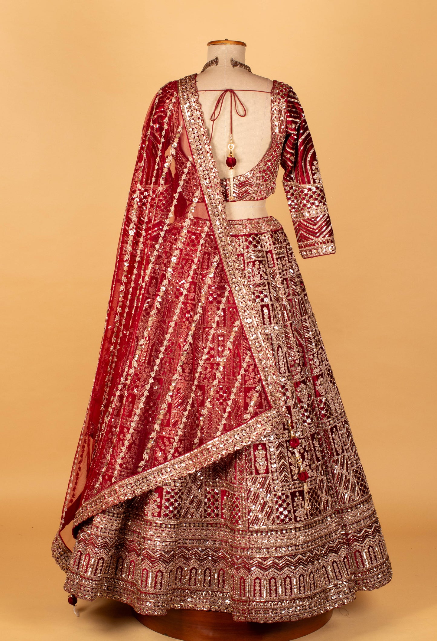 Red Heavy Mirror & Thread Work Bridal Crop-Top Lehenga Set