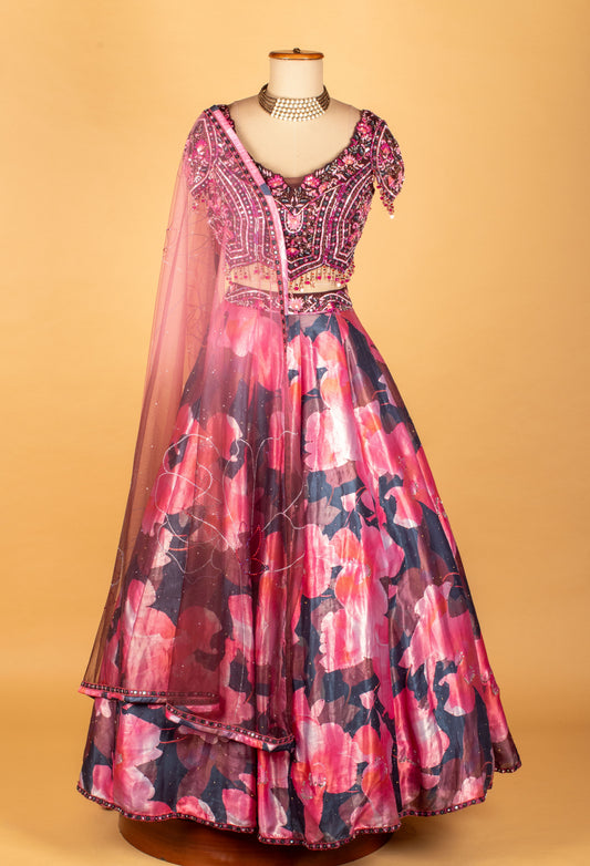 Pink floral printed and heavy embroidered lehenga set – product image 2