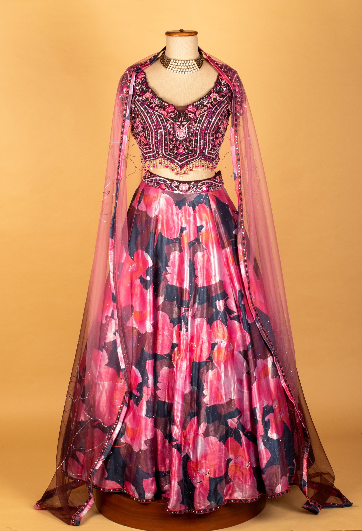 Pink Floral Printed & Heavy Embroidered Crop-Top Lehenga Set