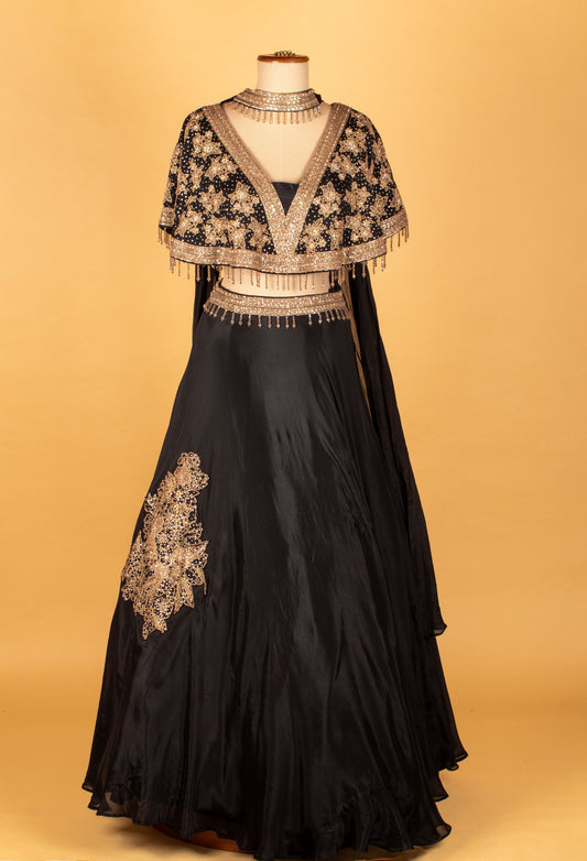 Black embellished crop-top lehenga with cape – product image 2