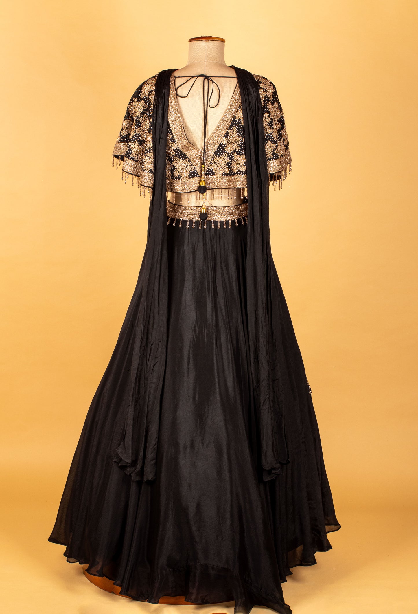 Black Embellished Crop-Top Lehenga with Cape