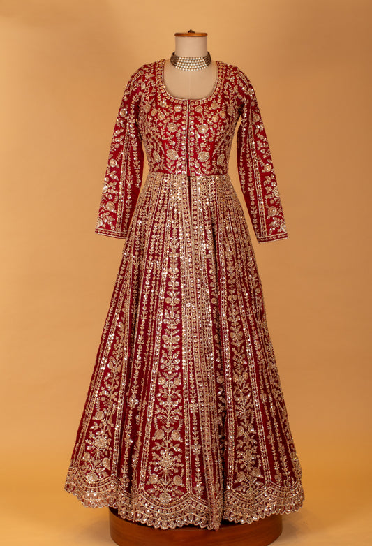 Regal red zari embroidered bridal Anarkali with net dupatta – product image 2