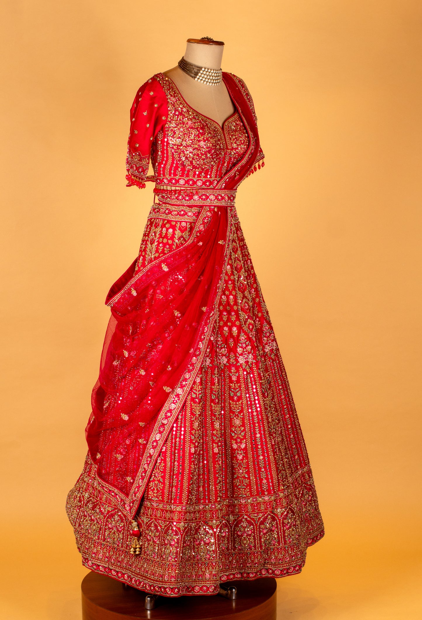 " Ruby Red Heavy Embroidered Crop Top Lehenga Set with Designer Dupatta – Bridal & Festive Wear"