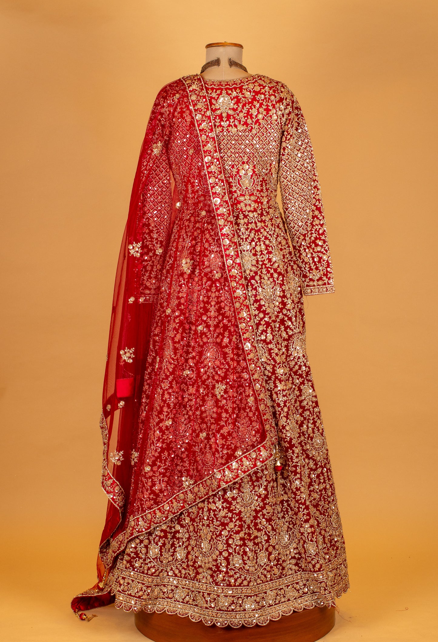 Royal Red Hand-Embroidered Bridal Anarkali with Heavy Zari & Sequins Work