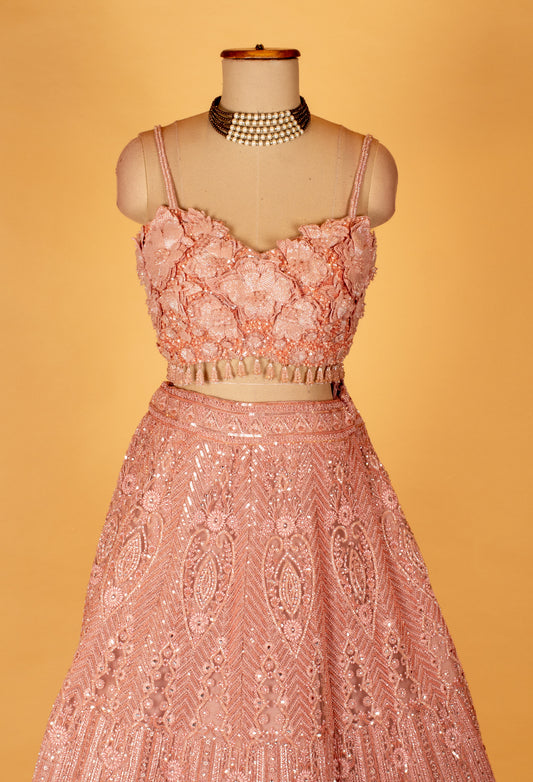 Blush pink 3D floral hand-embroidered bridal lehenga – product image 2