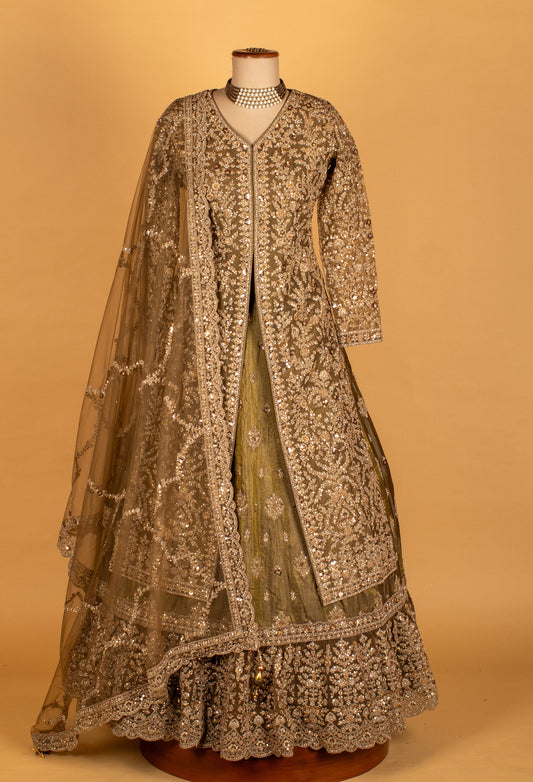 Olive gold heavy embroidered lehenga with long crop top and dupatta – product image 2