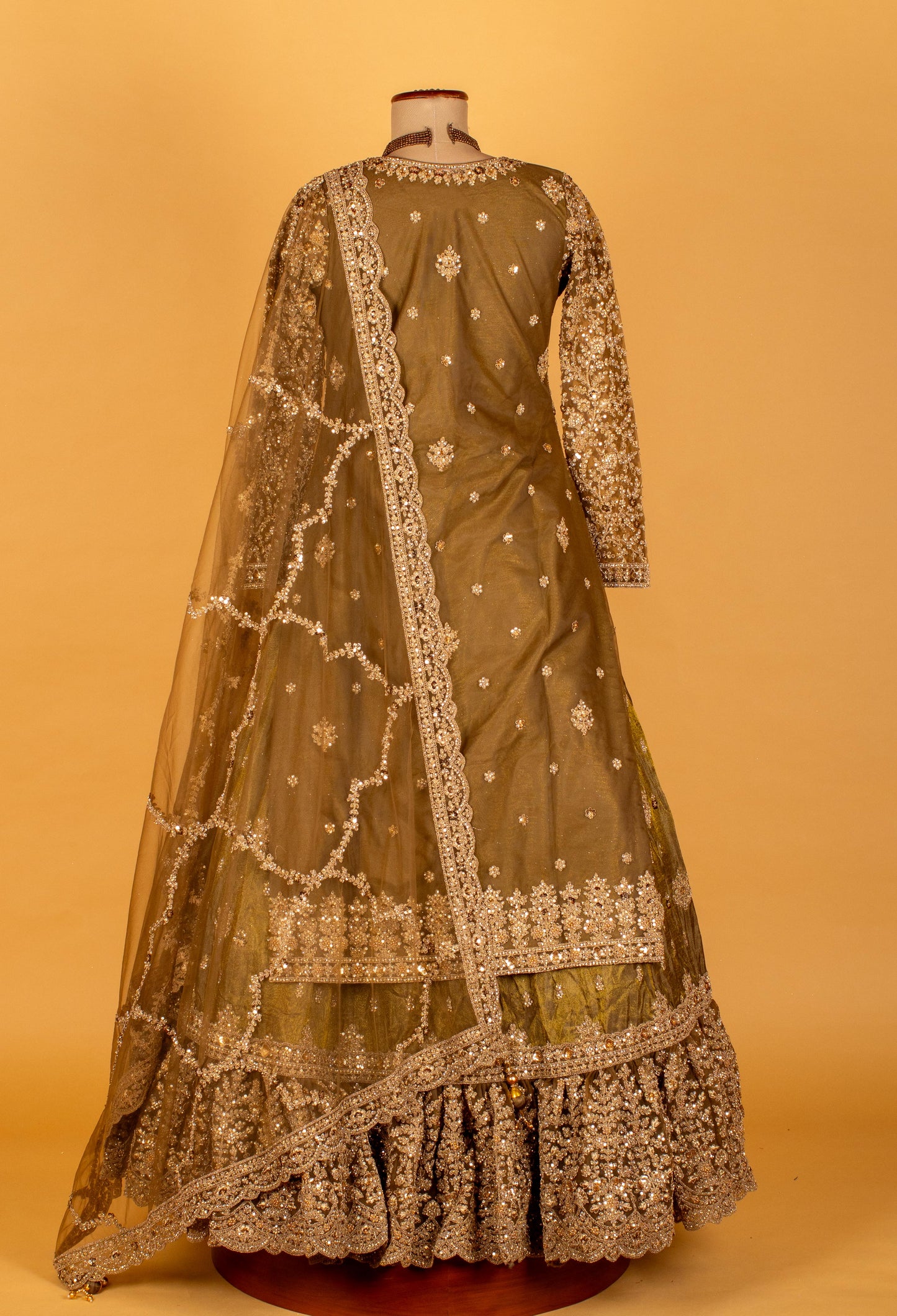 Ivory Gold Hand-Embroidered Bridal Gown with Heavy Dupatta – Premium Wedding Collection