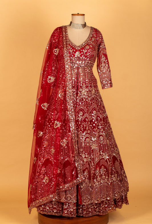 Red heavy embellished bridal gown with silver sequin and zari work – product image 2