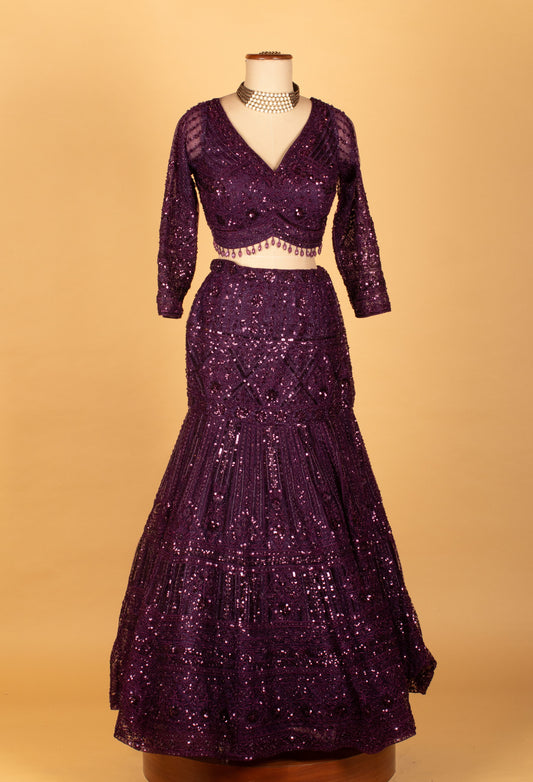 Deep plum sequin embroidered lehenga with sheer-sleeve blouse – product image 2