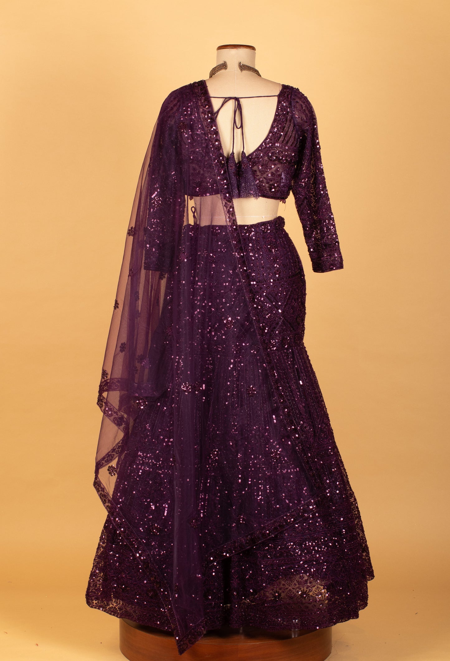 Deep Plum Sequin Embroidered Lehenga Set with Sheer Dupatta