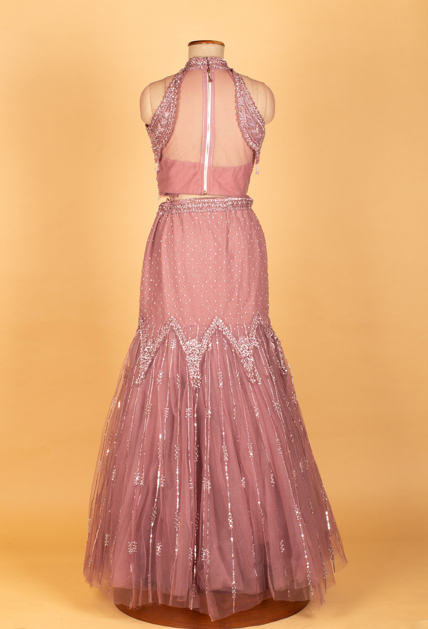 Dusty Rose Halter-Neck Sequin Embellished Croptop Lehenga Set