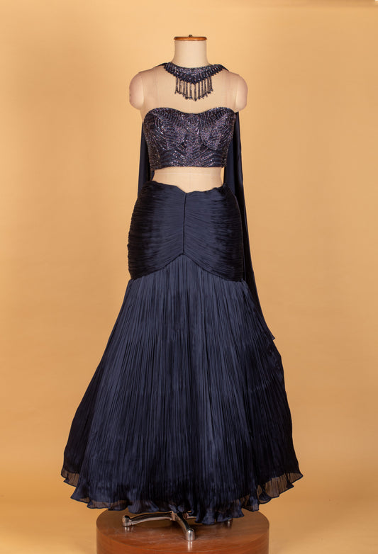 Navy blue pleated lehenga with sequined crop top and dupatta – product image 2