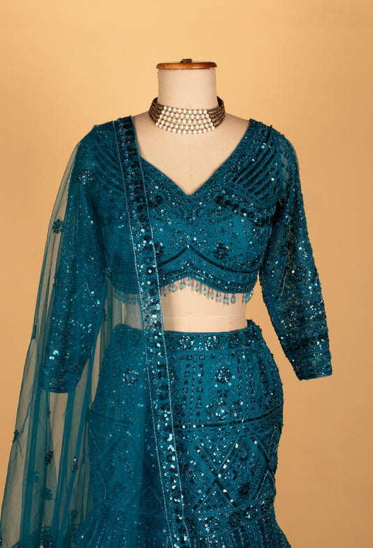 Teal blue sequin embellished lehenga with blouse and dupatta – product image 2