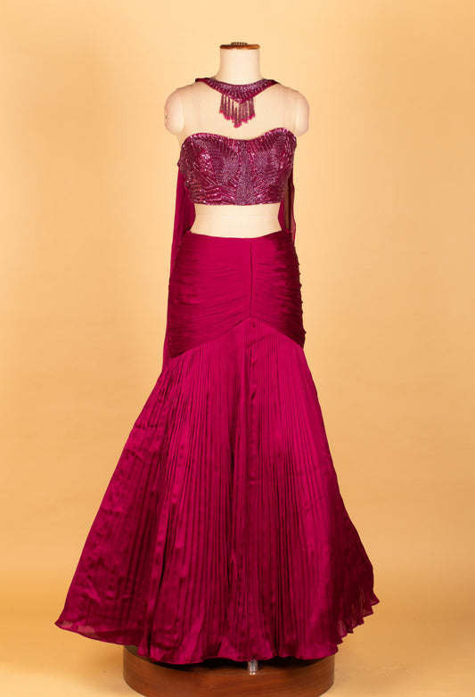 Magenta shimmer pleated mermaid lehenga set – product image 2