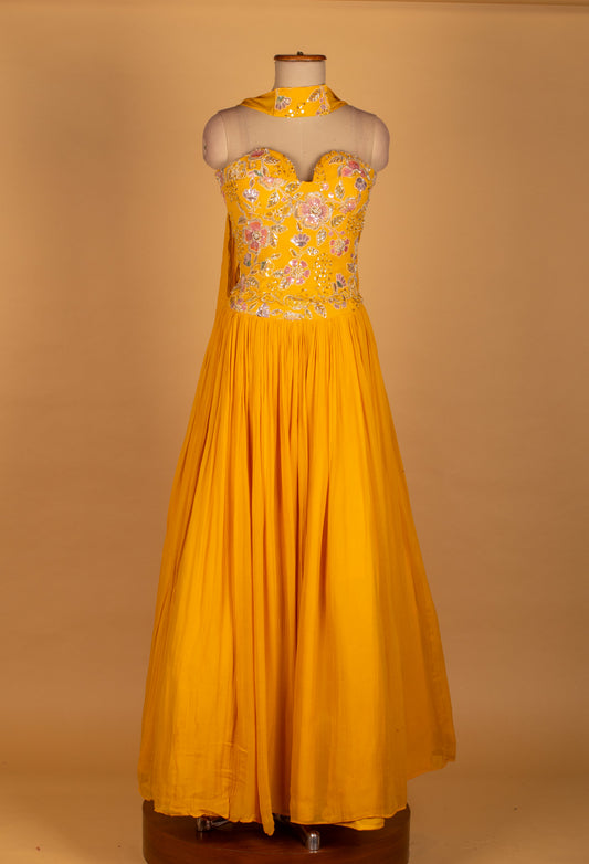 Mustard yellow mirror-work crop top lehenga set – product image 2