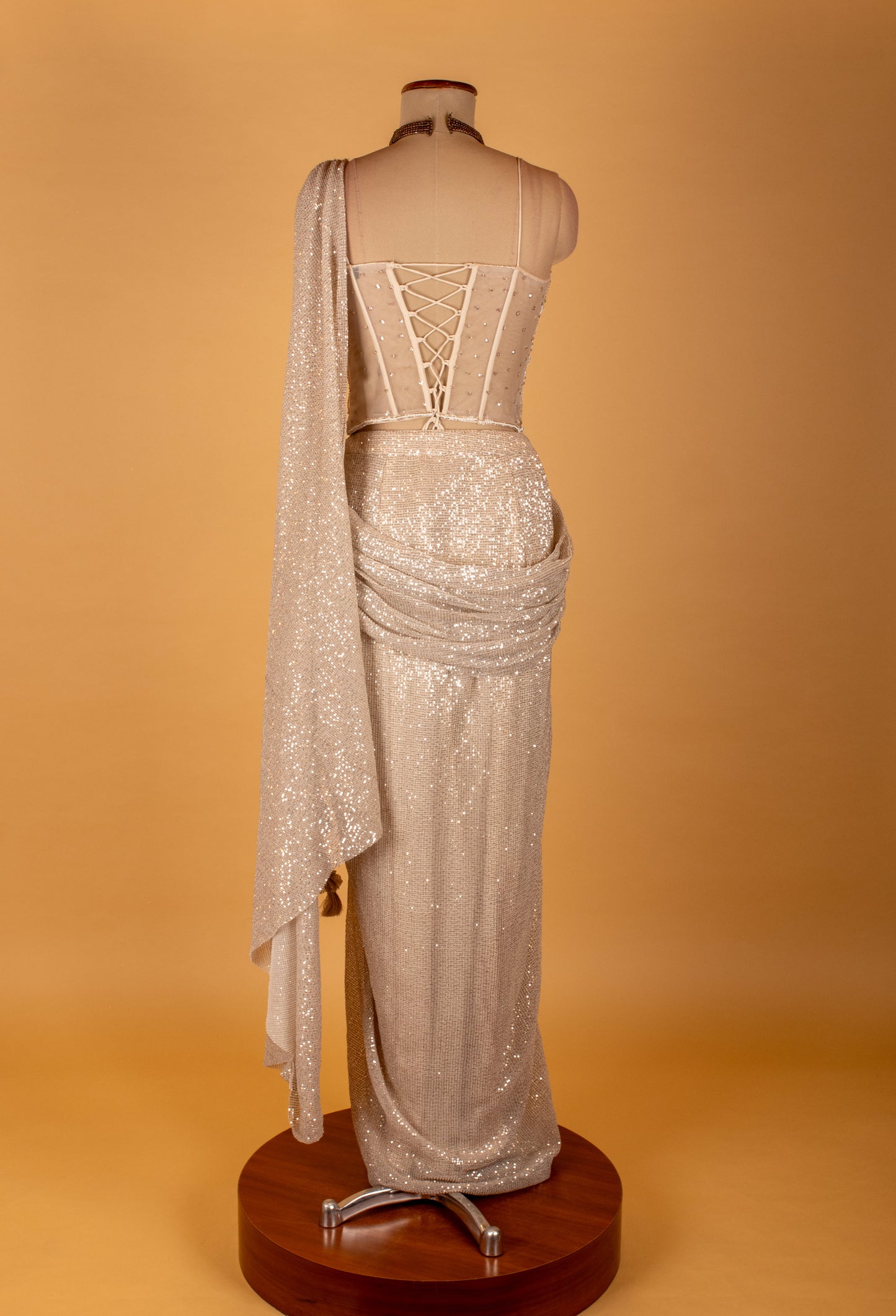 "Champagne Gold Sequin Indo-Western Saree Drape with Embellished Corset Blouse"