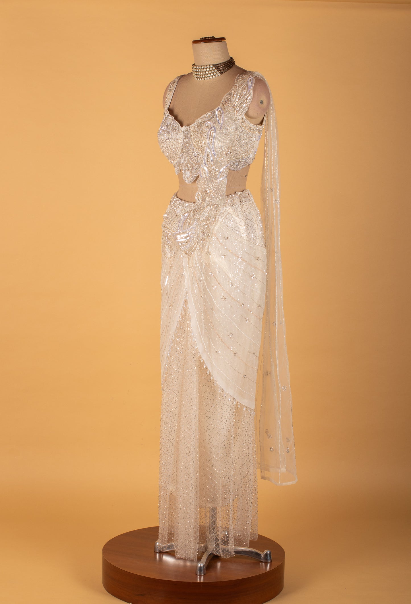 White Crystal-Embellished Drape Saree with Designer Bustier – Premium Bridal & Reception Ready-to-Wear Saree