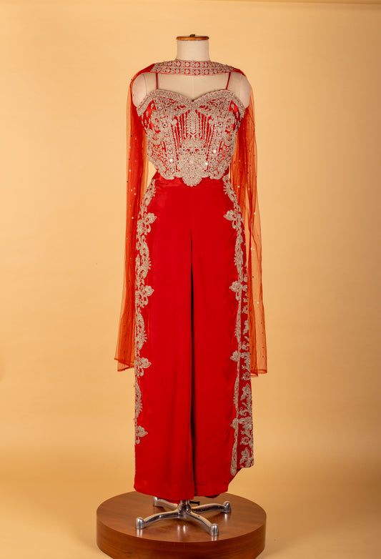 Red embellished sharara jumpsuit with cape – product image 2
